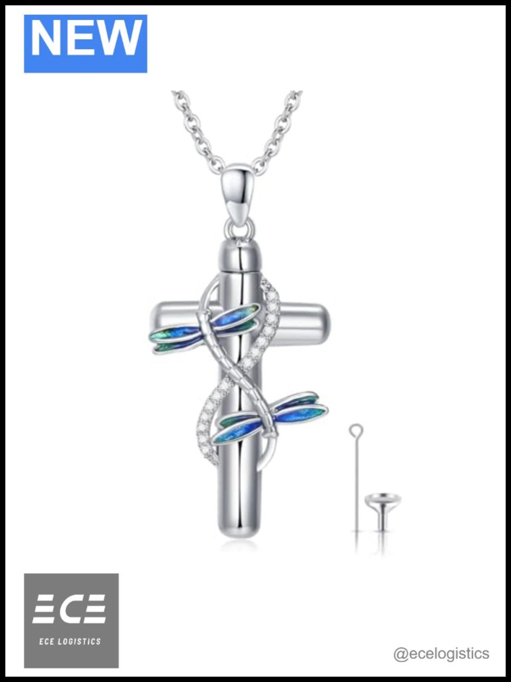 925 Sterling Silver Cremation Urn Pendant Necklace Dragonfly Cross Memorial